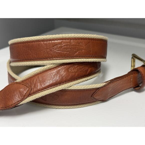LL Bean Brown Leather Khaki Canvas Fish Embossed Belt Canada Size 44 - Picture 2 of 8